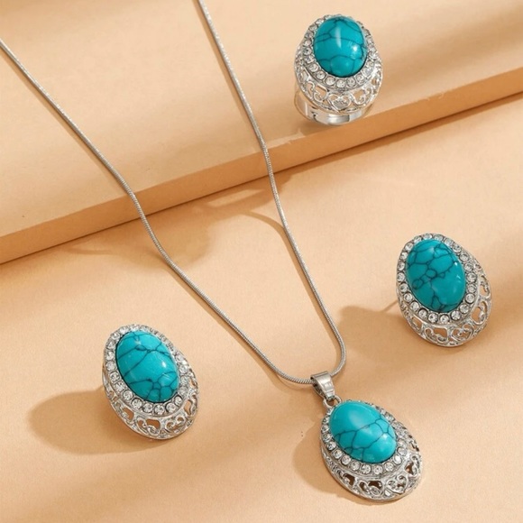 Turquoise Oval Rhinestone Necklace, Earrings, Ring Set - Picture 6 of 6